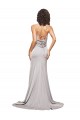 High Neck Low Back Long Full Length Stretch Satin Prom Dress Clearance