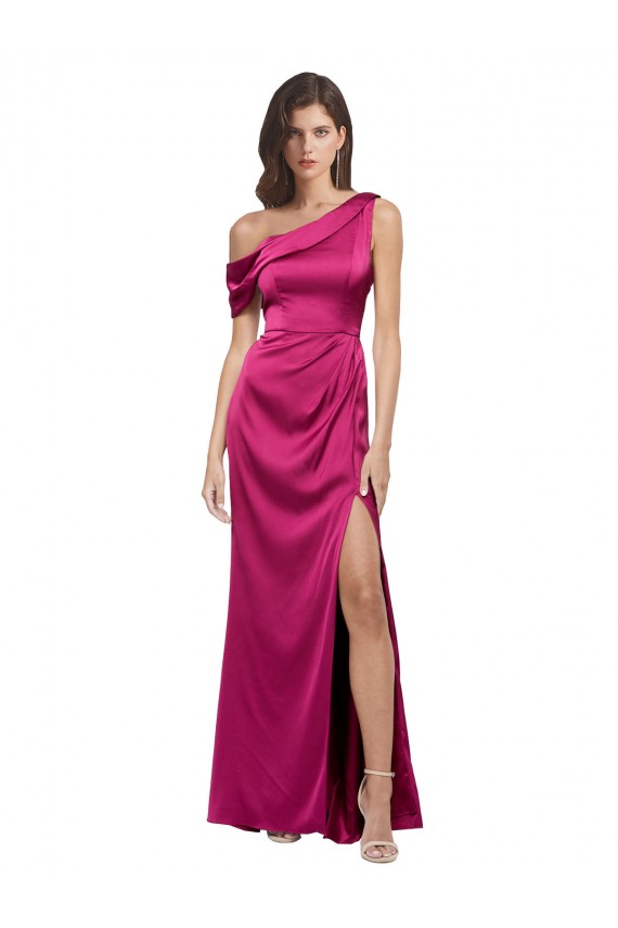 Off the Shoulder Short Sleeves Stretch Satin Prom Dress with Side Slit Clearance