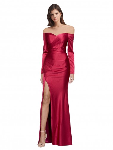 Long Sleeves Off the Shoulder Stretch Satin Prom Dress with High Side Split Clearance