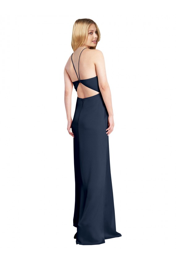 Halter Neckline Long Stretch Satin Prom Dress with Strappy Back and Side Slit Clearance