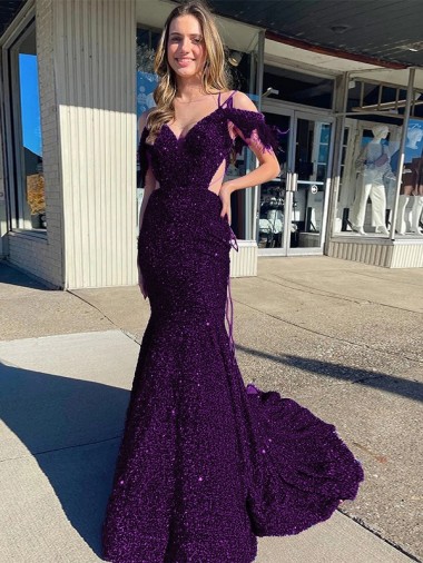Cold Shoulder Sleeveless Long Court Train Velvet Sequin Prom Dress Clearance