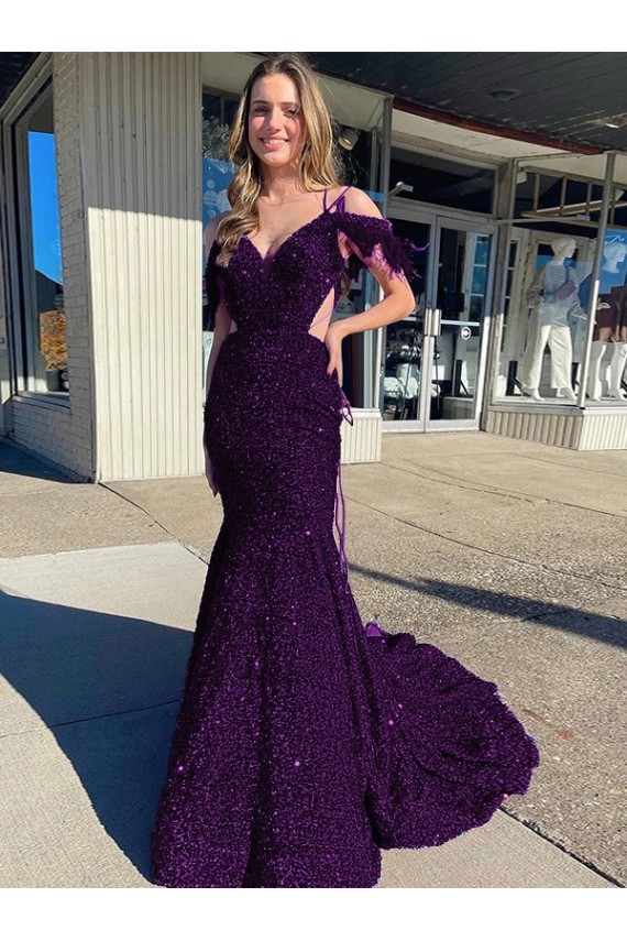 Cold Shoulder Sleeveless Long Court Train Velvet Sequin Prom Dress Clearance
