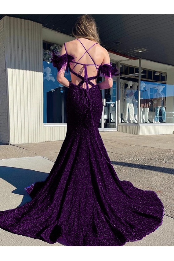 Cold Shoulder Sleeveless Long Court Train Velvet Sequin Prom Dress Clearance
