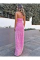 Halter Sleeveless Long Floor Length Velvet Sequin Prom Dress with Slit Clearance