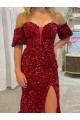 Off the Shoulder Short Sleeves Long Floor Length Velvet Sequin Prom Dress with High Slit Clearance