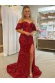Off the Shoulder Short Sleeves Long Floor Length Velvet Sequin Prom Dress with High Slit Clearance