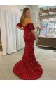Off the Shoulder Short Sleeves Long Floor Length Velvet Sequin Prom Dress with High Slit Clearance
