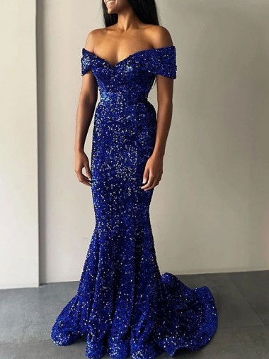 Mermaid Off the Shoulder Sleeveless Long Sweep Train Velvet Sequin Prom Dress Clearance