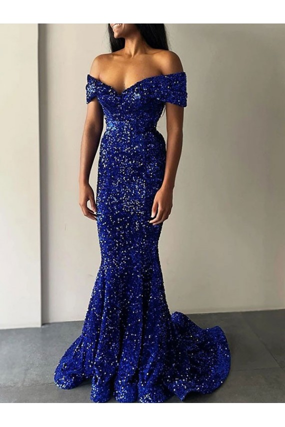 Mermaid Off the Shoulder Sleeveless Long Sweep Train Velvet Sequin Prom Dress Clearance