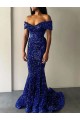 Mermaid Off the Shoulder Sleeveless Long Sweep Train Velvet Sequin Prom Dress Clearance