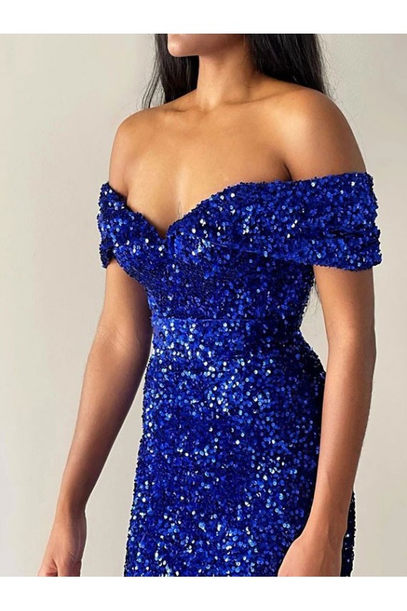 Mermaid Off the Shoulder Sleeveless Long Sweep Train Velvet Sequin Prom Dress Clearance