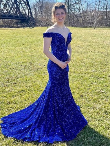 Off the Shoulder Sleeveless Long Sweep Train Velvet Sequin Prom Dress Clearance