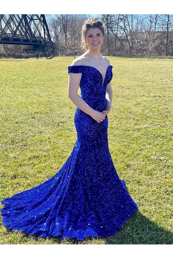 Off the Shoulder Sleeveless Long Sweep Train Velvet Sequin Prom Dress Clearance