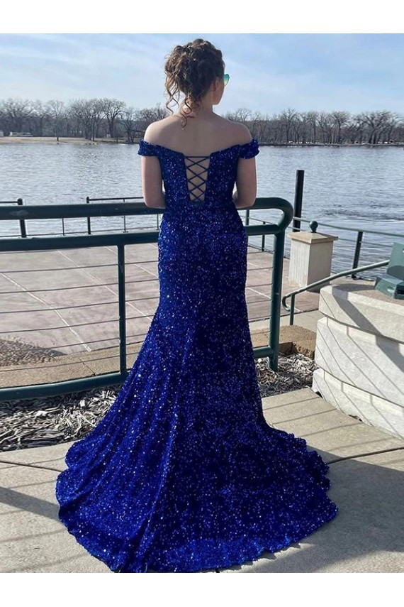 Off the Shoulder Sleeveless Long Sweep Train Velvet Sequin Prom Dress Clearance