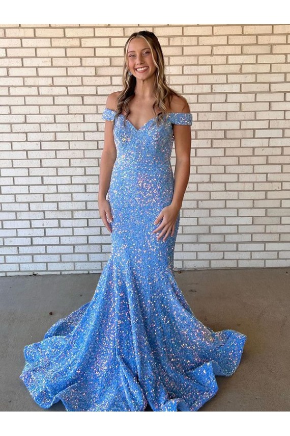 Mermaid Off the Shoulder Sleeveless Long Floor Length Velvet Sequin Prom Dress Clearance