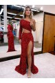 Mermaid One Shoulder Long Sleeves Long Sweep Train Velvet Sequin Prom Dress with High Slit Clearance
