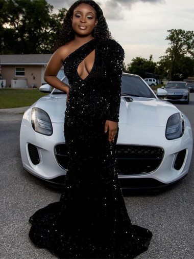 One Shoulder Long Sleeves Long Sweep Train Velvet Sequin Prom Dress Clearance