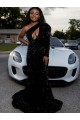 One Shoulder Long Sleeves Long Sweep Train Velvet Sequin Prom Dress Clearance