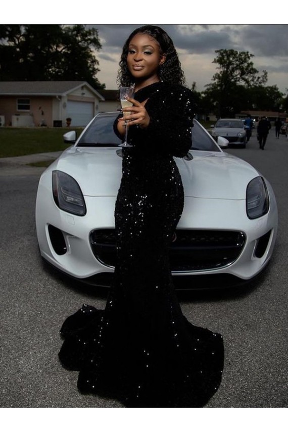 One Shoulder Long Sleeves Long Sweep Train Velvet Sequin Prom Dress Clearance