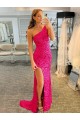 One Shoulder Sleeveless Long Velvet Sequin Prom Dress with High Slit Clearance
