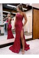 Mermaid One Shoulder Sleeveless Long Sweep Train Velvet Sequin Prom Dress with High Slit Clearance