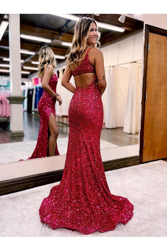 Mermaid One Shoulder Sleeveless Long Sweep Train Velvet Sequin Prom Dress with High Slit Clearance