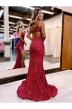 Mermaid One Shoulder Sleeveless Long Sweep Train Velvet Sequin Prom Dress with High Slit Clearance