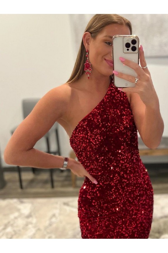 Open Back One Shoulder Sleeveless Long Sweep Train Velvet Sequin Prom Dress Clearance