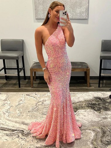 Open Back One Shoulder Sleeveless Long Sweep Train Velvet Sequin Prom Dress Clearance