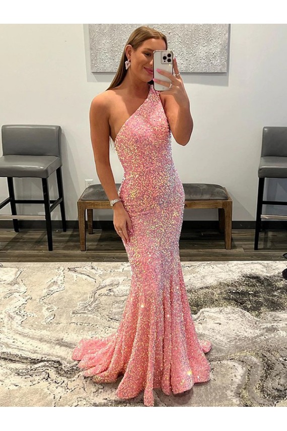 Open Back One Shoulder Sleeveless Long Sweep Train Velvet Sequin Prom Dress Clearance
