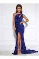 Mermaid One Shoulder Sleeveless Long Court Train Velvet Sequin Prom Dress with Slit Clearance