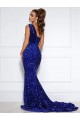 Mermaid One Shoulder Sleeveless Long Court Train Velvet Sequin Prom Dress with Slit Clearance