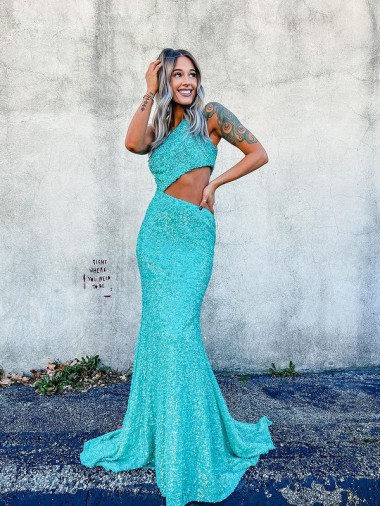 Mermaid One Shoulder Sleeveless Long Sweep Train Velvet Sequin Prom Dress Clearance