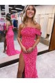 One Shoulder Sleeveless Long Sweep Train Velvet Sequin Prom Dress with Side Slit Clearance