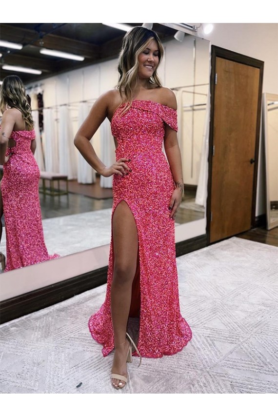 One Shoulder Sleeveless Long Sweep Train Velvet Sequin Prom Dress with Side Slit Clearance