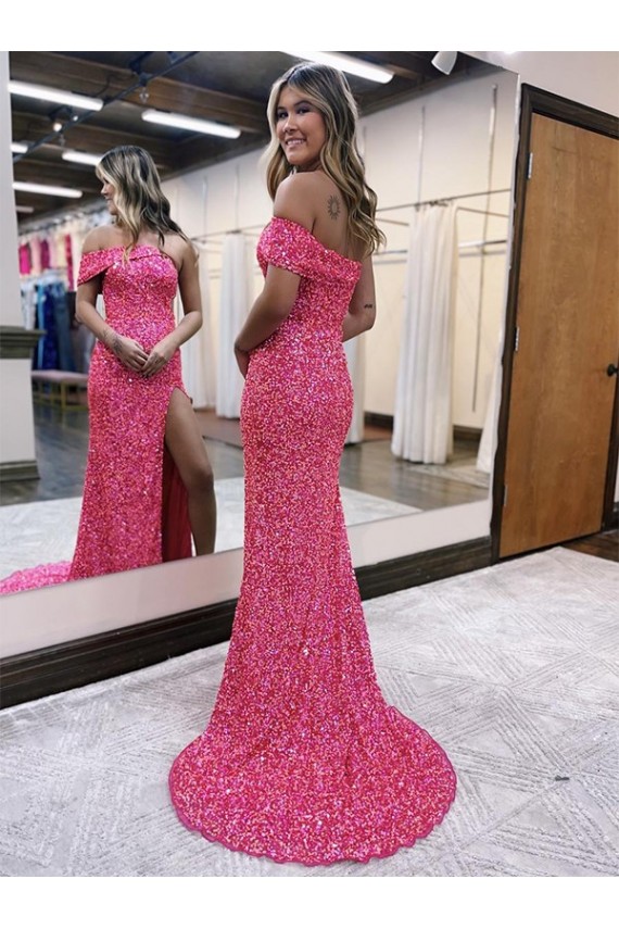 One Shoulder Sleeveless Long Sweep Train Velvet Sequin Prom Dress with Side Slit Clearance