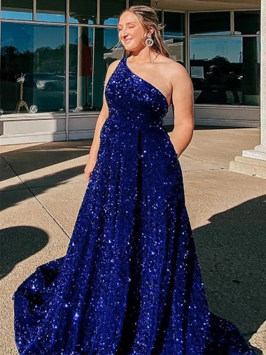A-Line One Shoulder Sleeveless Long Sweep Train Velvet Sequin Prom Dress with Pockets Clearance