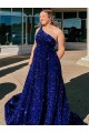 A-Line One Shoulder Sleeveless Long Sweep Train Velvet Sequin Prom Dress with Pockets Clearance