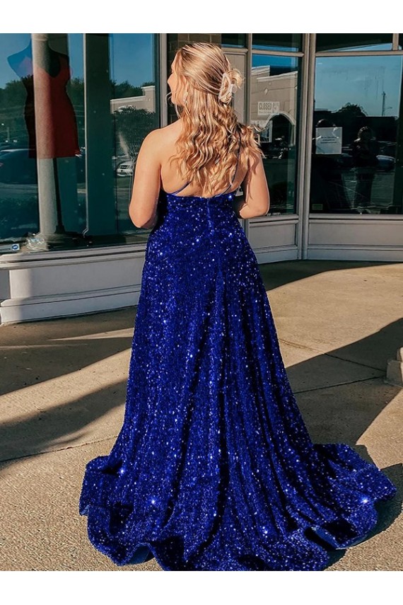 A-Line One Shoulder Sleeveless Long Sweep Train Velvet Sequin Prom Dress with Pockets Clearance