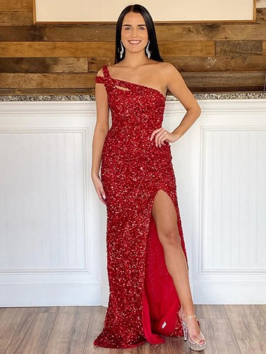 One Shoulder Sleeveless Long Sweep Train Velvet Sequin Prom Dress Clearance