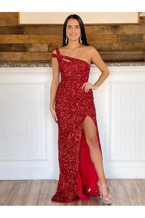 One Shoulder Sleeveless Long Sweep Train Velvet Sequin Prom Dress Clearance