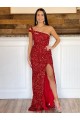 One Shoulder Sleeveless Long Sweep Train Velvet Sequin Prom Dress Clearance