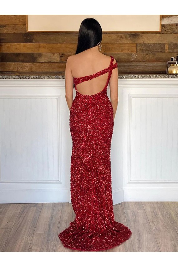 One Shoulder Sleeveless Long Sweep Train Velvet Sequin Prom Dress Clearance