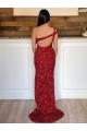 One Shoulder Sleeveless Long Sweep Train Velvet Sequin Prom Dress Clearance