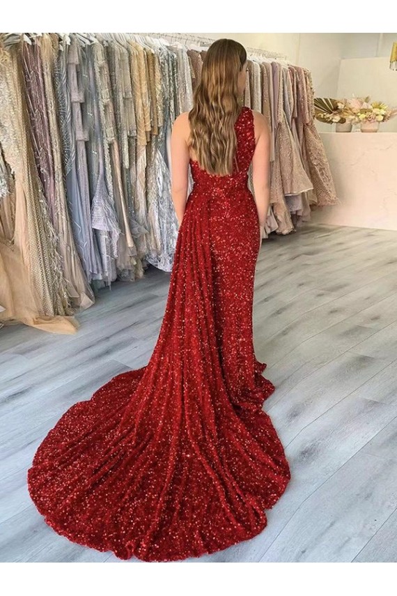 One Shoulder Sleeveless Long Court Train Velvet Sequin Prom Dress with Slit Clearance