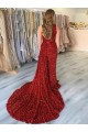 One Shoulder Sleeveless Long Court Train Velvet Sequin Prom Dress with Slit Clearance