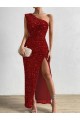 One Shoulder Sleeveless Long Floor Length Velvet Sequin Prom Dress with Slit Clearance