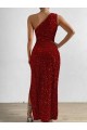 One Shoulder Sleeveless Long Floor Length Velvet Sequin Prom Dress with Slit Clearance