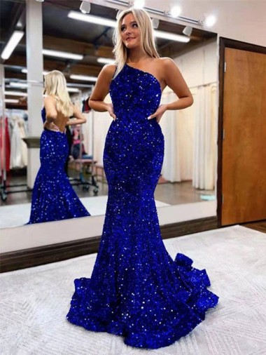 Mermaid One Shoulder Open Back Long Sweep Train Velvet Sequin Prom Dress Clearance