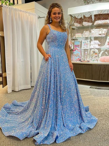 A-Line Scoop Sleeveless Long Court Train Velvet Sequin Prom Dress Clearance